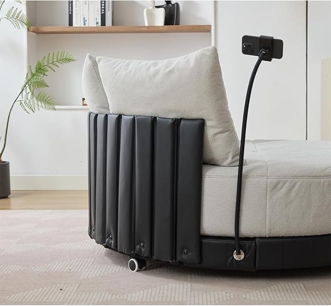 Polibi 52.75 Round Swivel Barrel Chair with Phone Holder and 360°Rotating Pulley Polyester Upholstered Chaise Lounge Oversize Single Sofa Chair for Living Room Bedroom Grey