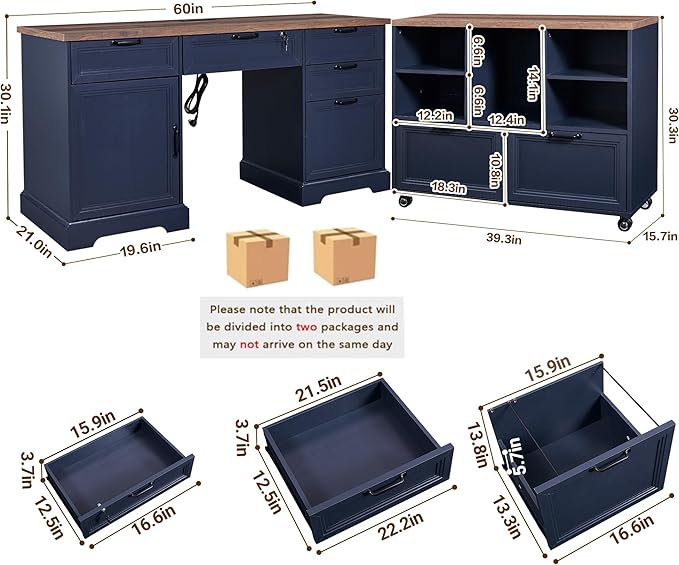 60 Farmhouse Executive Desk with 40 Mobile File CabinetL Shaped Desk Set with Charging StationOffice Desk with Storage DrawersWood Computer Desk Set for Office WorkHome Study