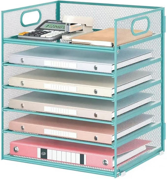 6 Tiers Letter Tray Paper Organizer with Handle Mesh Desk File Organizer Metal Desktop Document Shelf Organization Paper Sorter Organizer for Office Home or School File Folder Holder - Blue