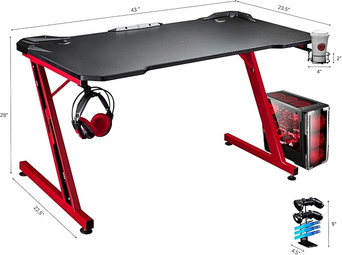 Greesum 44 Inch Z Shaped Computer Gaming Desk Home Office Table with Carbon Fiber Surface Cup Holder &amp Headphone Hook Red (GS-ZGD1RD)