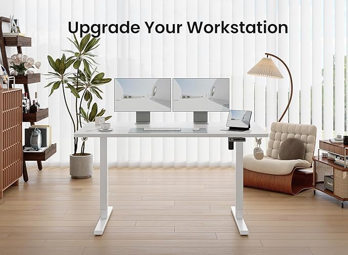BANTI 55 × 28 Inches Standing Desk Ergonomic Electric Height Adjustable Sit and Stand Up Computer Desk with a Deeper Desktop White Frame/Whitetop