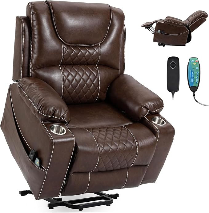 Oversized Power Lift Recliner Chair 400 LBS for Big and Tall Elderly 26 Extra Wide Zero Gravity Electric Recliner Chair with Massage and Heating Leather Home Theater Seat Brown