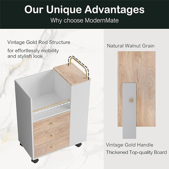 3 Drawer Mobile File Cabinet Wood Rolling Filing Cabinet with Lockable Wheels Utility Cart with Open Storage Shelves Home Office Fits A4/Legal 19.7 x 11.8 x 26.3 Light Walnut