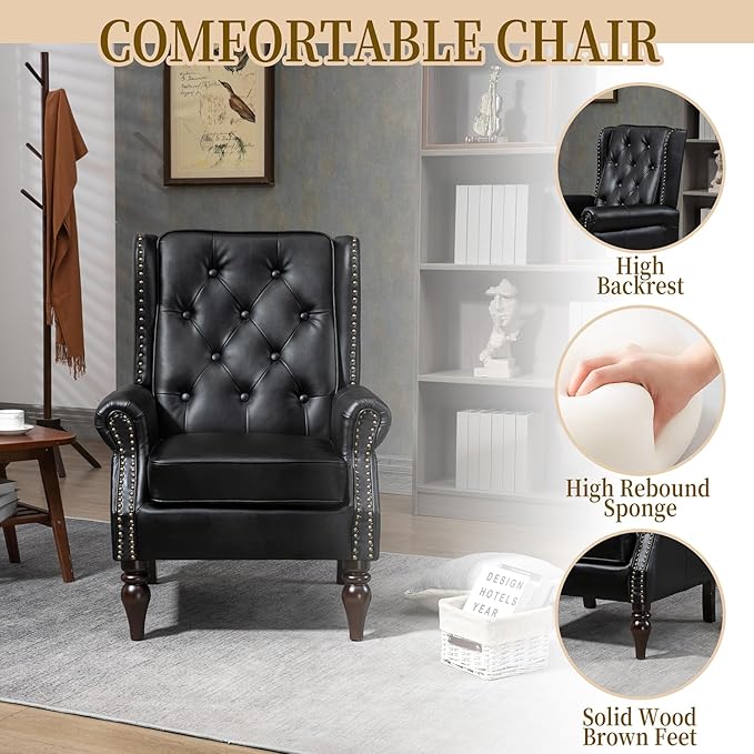 Mid-Century Wingback Chairs Set of 2Faux Leather Accent Chairs Armchair with ButtonsModern Living Room Chairs with Rivet DecorationSingle Sofa Chair for BedroomClubHome Reception (Black)