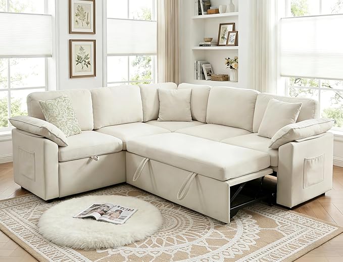 85 Modular Sectional Sofa with Pull Out Bed L Shaped Couch with Storage 5-Seater Sleeper Sofa Sectional Couches for Living Room Cloud Modular Couch with Removable Sofa Cover