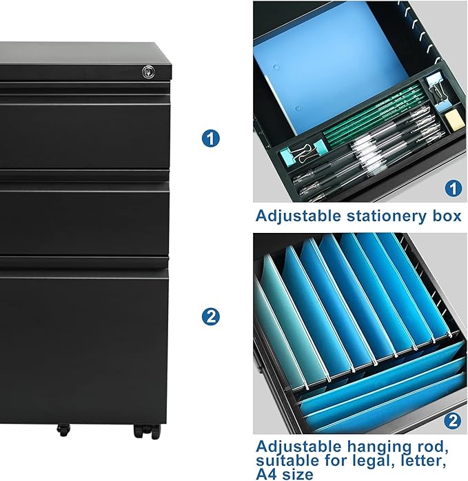3-Drawer 15.4 W Classic File Cabinet with Lock Metal Filling Cabinets Suits Legal/Letter Size for Home Office Fully Assembled Except Wheels Grey (3-Drawer Widen Black)