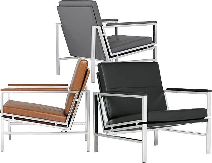Studio Designs Atlas Modern Accent Chair with Padded Armrests - 29.5 W x 32 D x 33 H - Armchair for Home or Office - Caramel Brown Bonded Leather Fabric and Chrome Legs