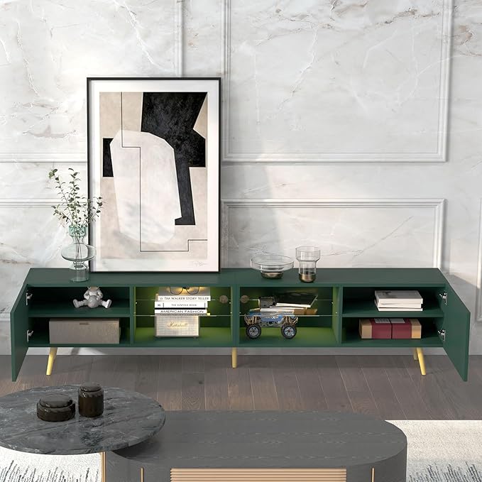 Bonzy Home 86 LED TV Stand Modern Entertainment Center up to 90 TV Television Console Table with Storage Cabinets for Living Room Dark Green