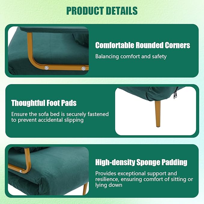 Convertible Sleeper Sofa Bed 3 in 1 Multi-Functional Sofa Chair Bed with 5 Position Adjustable Backrest Folding Sofa Bed Floor Single Chairs Fold Out Chair Beds for Living Room (Green)