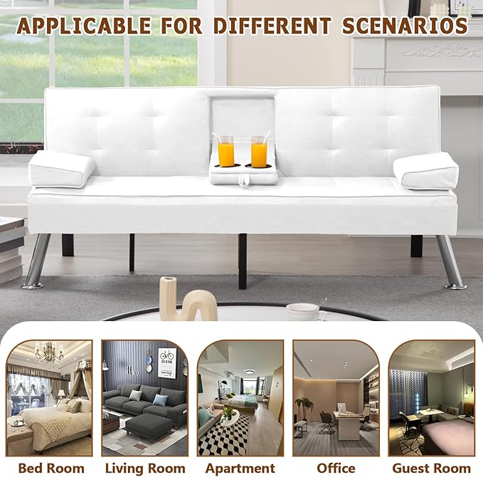 Anwick Convertible Folding Futon Sofa BedModern PU Leather Sleeper Love Seat with 3 Reclining Backrest &amp Cup Holders67 Comfy Sofa Couches for Living Room Small Home Office (White)