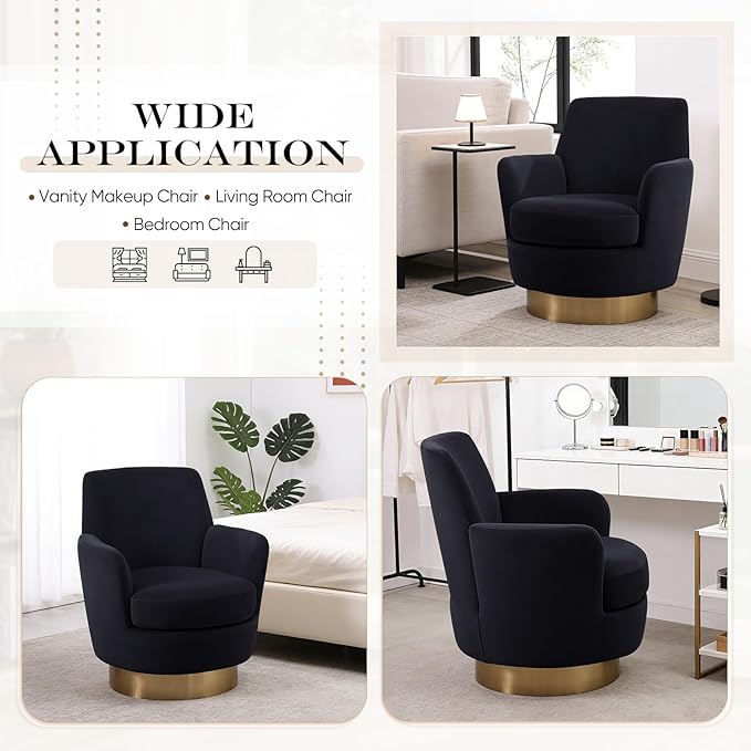 360° Swivel Barrel Chair Set of 2 28.3 Modern Velvet Round Accent Chair Comfy Upholstered Small Armchair with Gold Metal Base for Living Room Bedroom Nursery Office Sillas para Sala Black