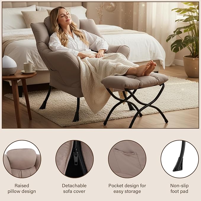 Welnow Lazy Chair with Ottoman Modern Reading Accent Chair with Armrests and a Side Pocket Leisure Upholstered Lazy Sofa Set with Footrest for Small Space Khaki