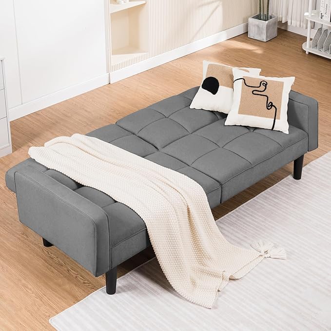 COMHOMA 76 inch Futon Sofa Bed Mid Century Modern Futon Couch with Adjustable Backrest Fabric Convertible Sofa Cama Folding Sleeper Sofa for Living Room Bedroom Dark Gray