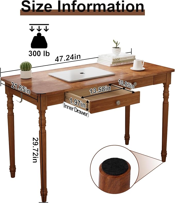 47 x 22 Inch Wooden Desk with Drawers -Simple Mid Century Modern Desk with 2 Hooks Solid Rubber Wood Study Table for Living Room Bedroom &amp Home Office Walnut Color