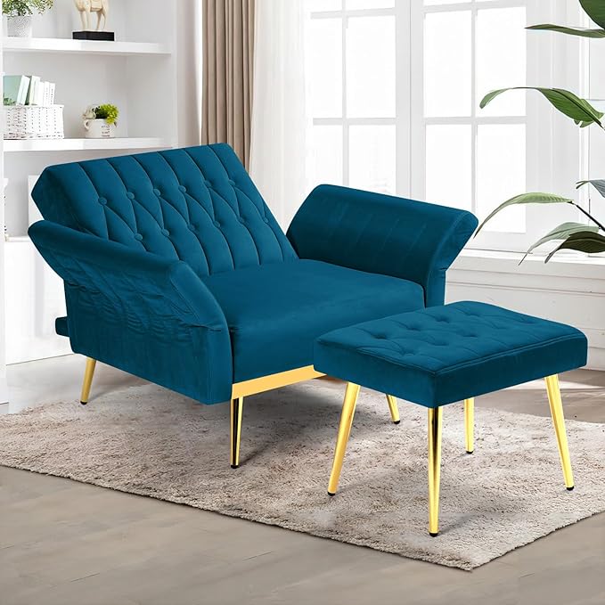 Velvet Accent Chair with Adjustable Backrest and Armrests Single Recliner Armchair with Ottoman and Golden Mental Legs for Living Room Bedroom and Waiting Room Teal