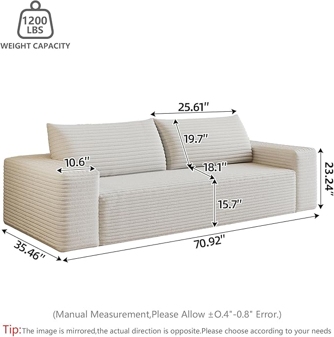Modern Corduroy Loveseat Sofa2-Seater Cloud Couch with Memory Foam and Furry PillowsDeep Seat Small Sofa with Wide ArmrestsNo Assembly Couch in a Box for BedroomSmall Space (White70.8in)