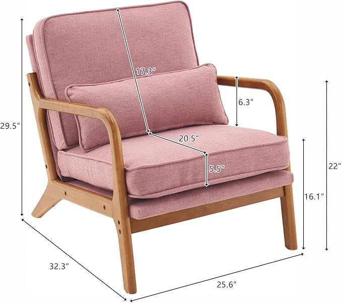 i-POOK Accent Chair Mid-Century Linen Fabric Upholstered Armchair with Pillow and Back Cushion Comfy Single Sofa Chair with Solid Wood Legs Reading Chair for Living Room Bedroom Office Pink