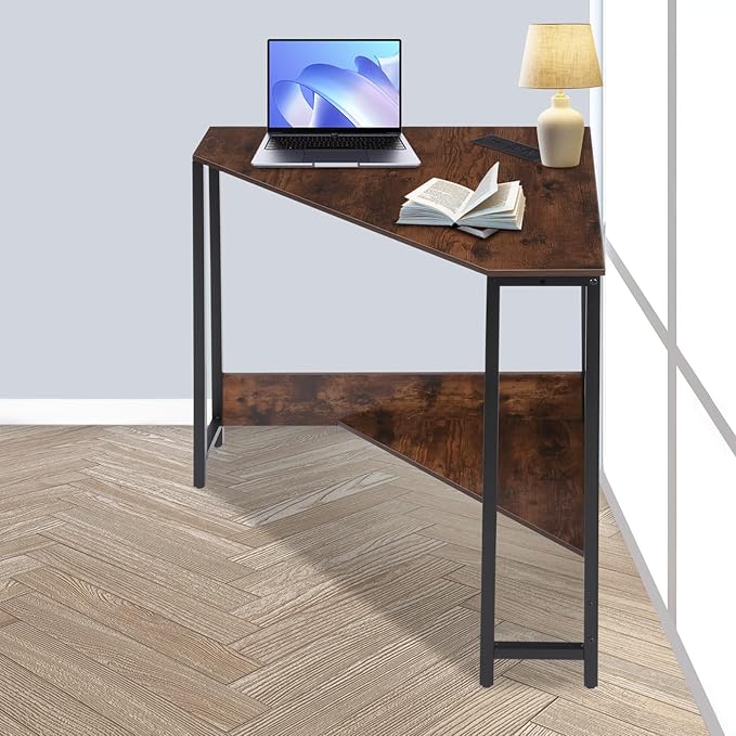 Corner Computer Desk 26.77”*29.53 Corner Table with Outlets Triangle Desk with Storage for Home Office Workstation Living Room Bedroom Rustic Brown