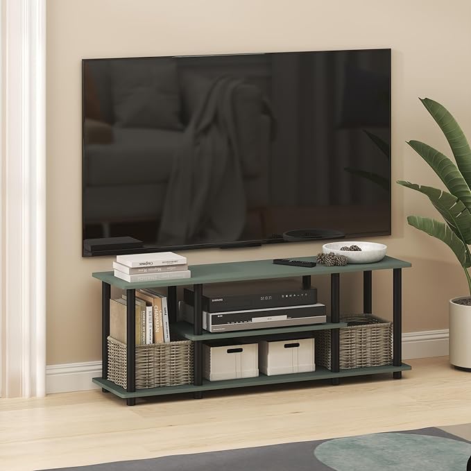 Furinno Turn-N-Tube TV Stand 3-Tier Open Frame Rectangular Entertainment Center with Storage Shelf TV Console for TV up to 50 Inch Toolless Assembly for Living Room Bedroom Sage Green