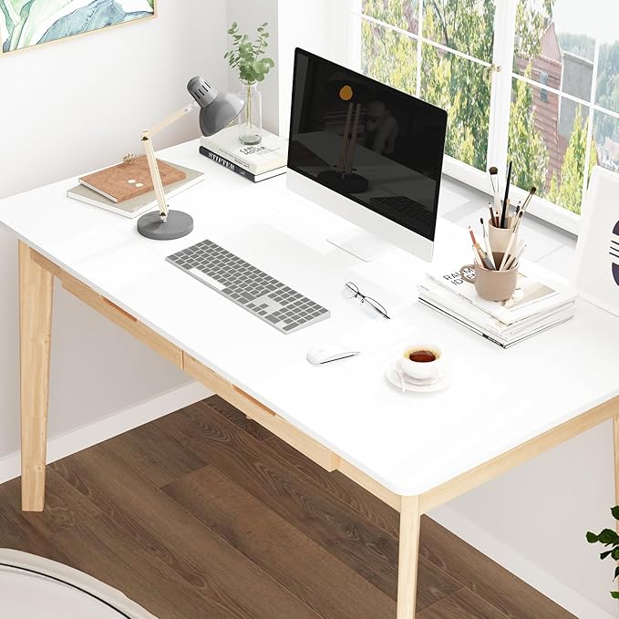 FUFU&ampGAGA 47” Office Desk Rectangular Computer Desk with 2 Drawers Writing Table for Reading Crafting Home Office Study Room White and Oak 47.2”W x 21.7”D x 29.5”H