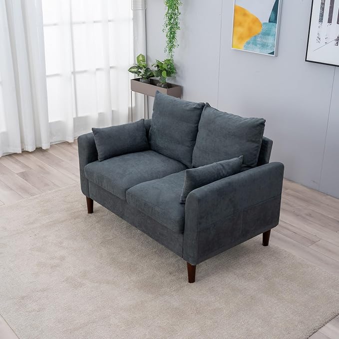 Panana 2 Seater Sofa Lounger Couch with Storage Pocket Armrests Wood Legs Cushion Back Couch Modern Design Compact Home Bedroom Loveseat (Gray Linen 2 Seater loveseat)