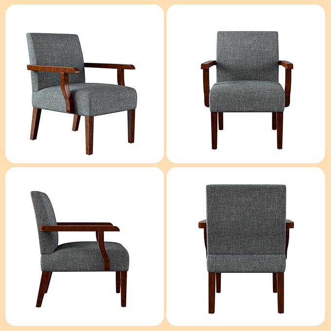 Modern Accent Chairs Set of 2 with Round Side Table Mid-Century Reading Leisure Arm Chair Fabric Upholstered with Solid Wood Armchair for Living Room Bedroom Office Apartment (Grey)
