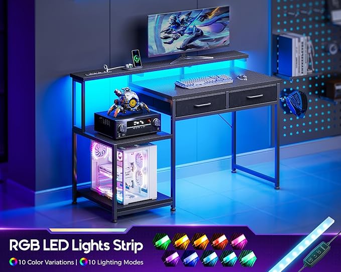 ODK Gaming Desk with Led Lights &amp Power Outlet 55 Inch Computer Desk with Drawers Office Desk with Large Display Storage Shelves Reversible Desk with Monitor Stand for Home Carbon Fiber Black