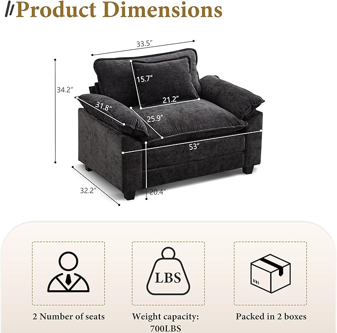 URRED Cloud Couch Accent Chair Oversized Chenille Armchair with Deep Wide Seat and Upholstered Armrests Black – Modern Lounge Chair for Bedroom or Living Room
