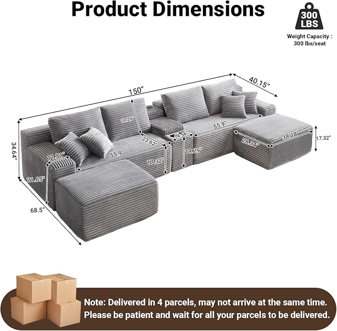 150 Modular Sectional Sofa with 2 Ottoman 5-Piece Cloud Sectional Couch with Console Storage USB Bluetooth Speaker &amp Cup Holder U Shaped Boneless Couches for Living Room Furniture Light Gre