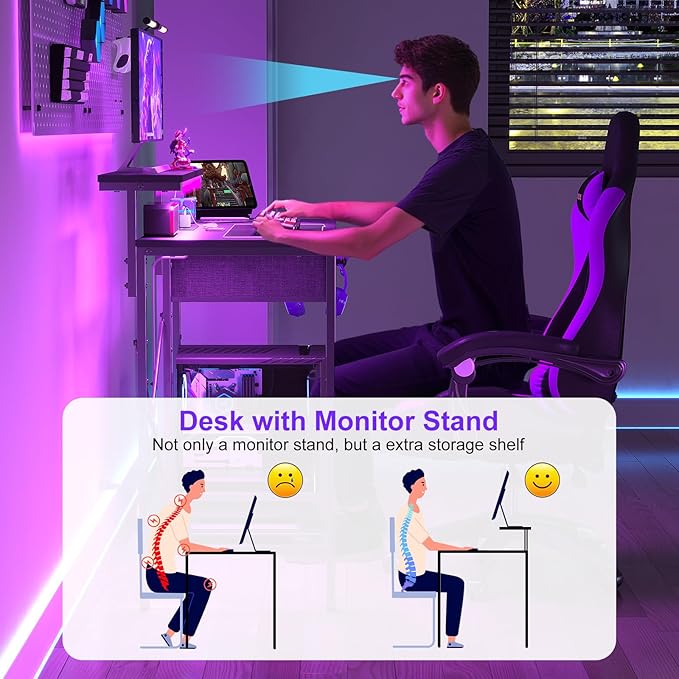 X-cosrack 33.5 Small Gaming Desk with LED Lights &amp Power Outlets Compact Computer Desk with Monitor Stand &amp CPU Stand Gamer Table with Storage Drawer Side Hooks for Home Office Bedroom B
