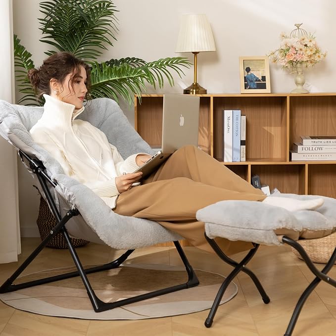 HollyHOME X-Large Saucer Chair with Foldable Ottoman Comfy Oversized Folding Chair and Folding Footrest Stool Set Faux-Fur Reading Chair and Footstool for Living Room Bedroom Grey Chair&ampStool
