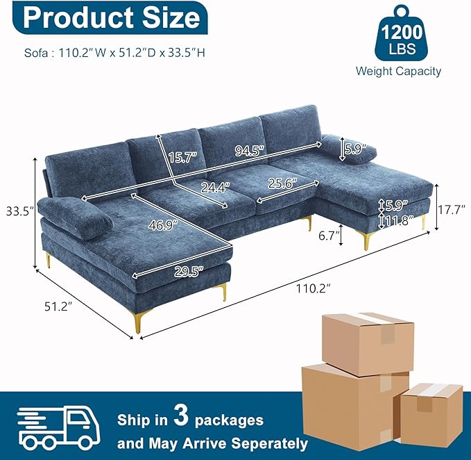 VINGLI 110 Large U-Shape Sectional Sofa Couch with 51 D Double Chaise for Living Room Modern Sectional Couch Set with Soft 5.9 Thickness Seating Padding Chenille FabricMetal Gold Legs(Blue)