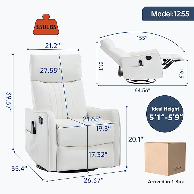 White 360° Swivel Rocker Recliner Chair Massage Reclining Chair with 8-Point Vibration &amp Lumbar Heat for Adults Elderly 155° Recline Easy Assembly for Living Room