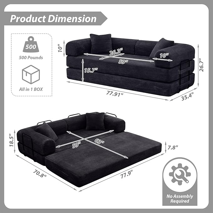 78 Convertible Sleeper Sofa Bed with Cylindrical Pillow Corduroy Folding Mattress Couch with Fixed Frame Floor Sofa Lounge Couch for Living Room Bedroom Apartment Black