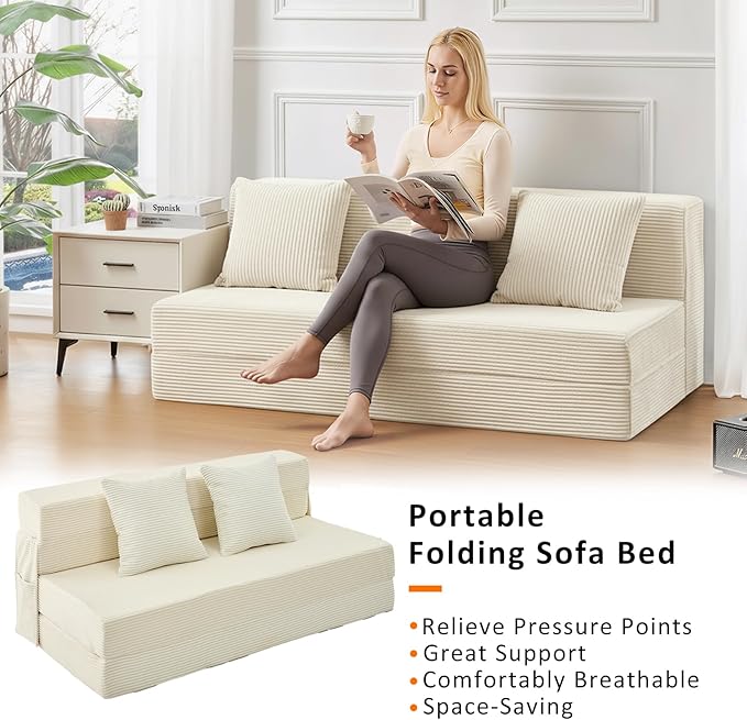 Queen Size Folding Sofa Bed - 4 in 1 Convertible Sleeper Chair with Two Pillows - High Density Memory Foam Futon Couch - Foldable Bed for Living Room Bedroom (Beige)
