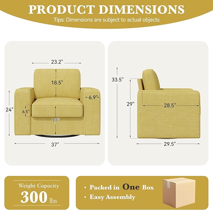 Swivel Accent Sofa Chair Set of 2 FSC Certified Sofa Armchairs with Extra Wide Mid-Century Modern 1pcs Pillows for Living Room Bedroom Office-Yellow Color