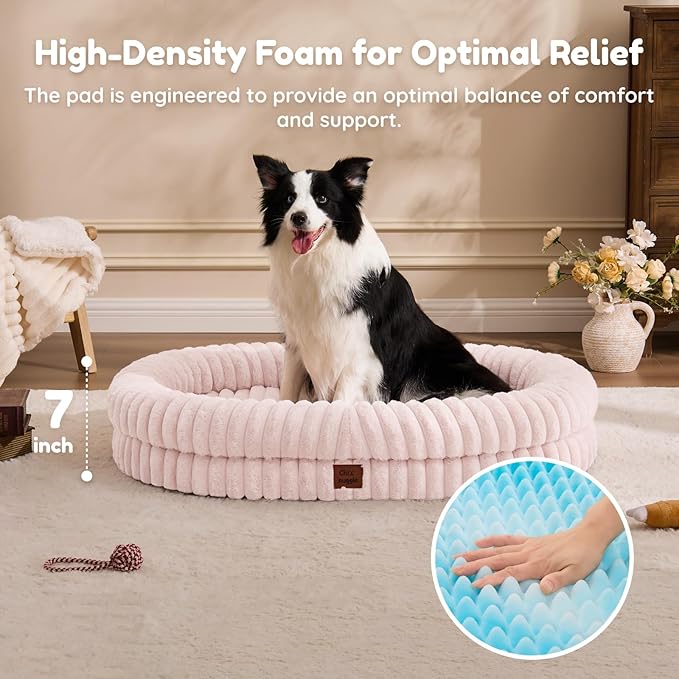 XL Dog Bed - Luxury Striped Faux Fur Waterproof Pet Couch with Removable Washable Cover Orthopedic Dog Bed with Bolster Sides for Sleeping Pink