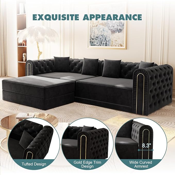 Polibi 90.6 3-in-1 Convertible Sleeper Sofa Bed Velvet Tufted Modern 3-Seater Couch with Movable Ottoman &amp Gold Trim King Size Sleeper for Living Room Apartment Black