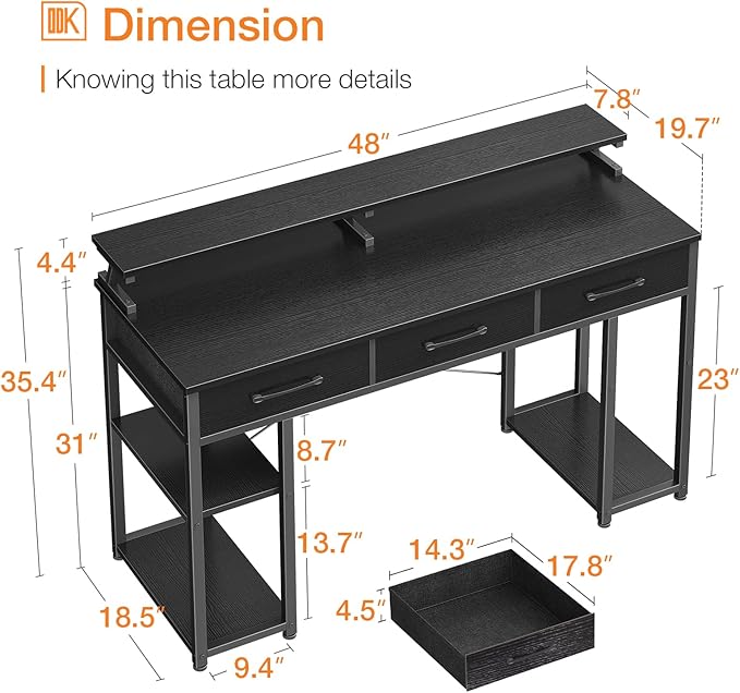 ODK Computer Desk with Drawers and Storage Shelves 48 inch Home Office Desk with Monitor Stand Modern Work Study Writing Table Desk for Small Spaces Black
