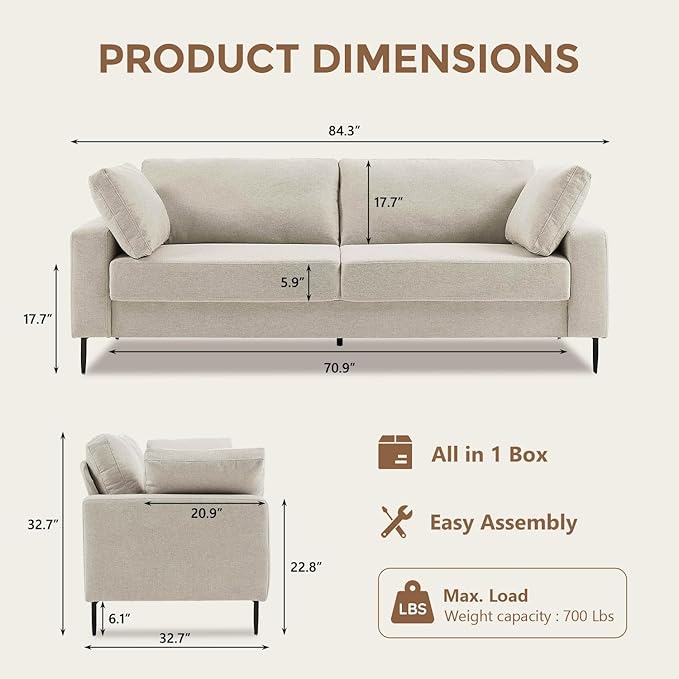 84.3 Modern Loveseat Sofa Comfy Couches with Spring Cushion Solid with Wood Frame 2 Pillows Included Mid Century Modern Design Home Sofa for Living Room Off White