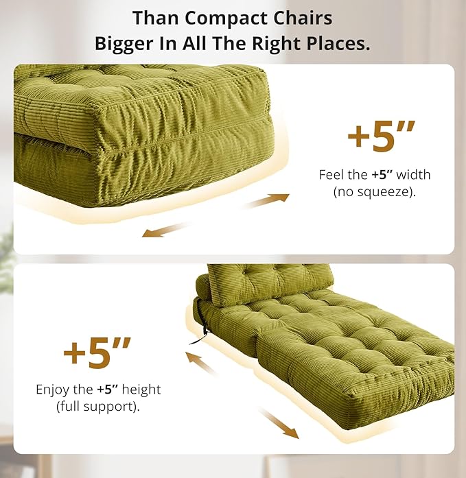 Folding Sofa Bed Convertible Sleeper Chair with Pillow Foldable Mattress with Back Support Portable Floor Sofa Lounge for Living Room Bedroom Dorm(Green Single)
