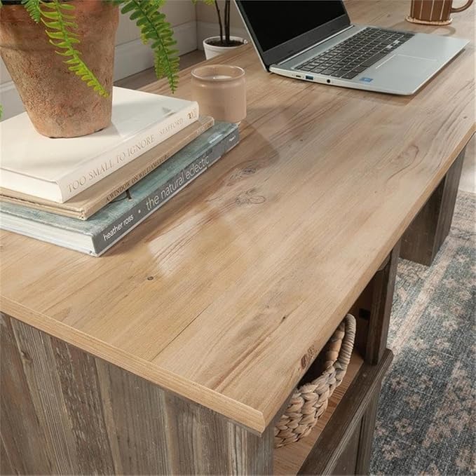 Pemberly Row Contemporary L-Shaped Engineered Wood Desk Pebble Pine Finish with Khaki Pine Accent 30 H x 65.12 W x 65.2 D Keyboard Shelf File Drawer CPU Storage Home Office Desk