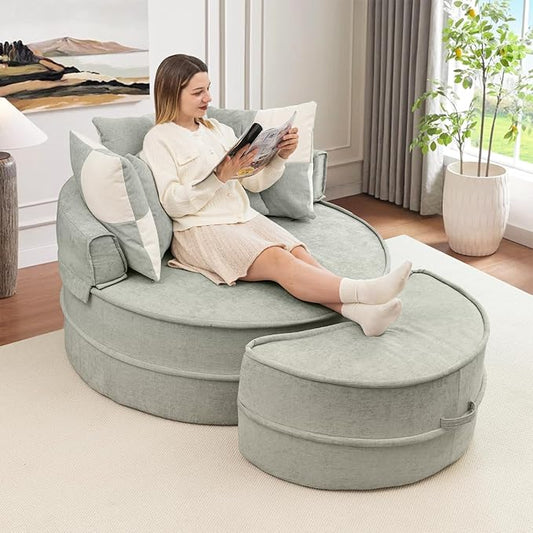 47.63'' Oversized Accent Barrel Chair with Ottoman Modern Round Boneless Idoor Chaise Lounge Chair and A Half Comfy Velvet Compression Large Reading Armchair with 5 Pillows for Living RoomGreen