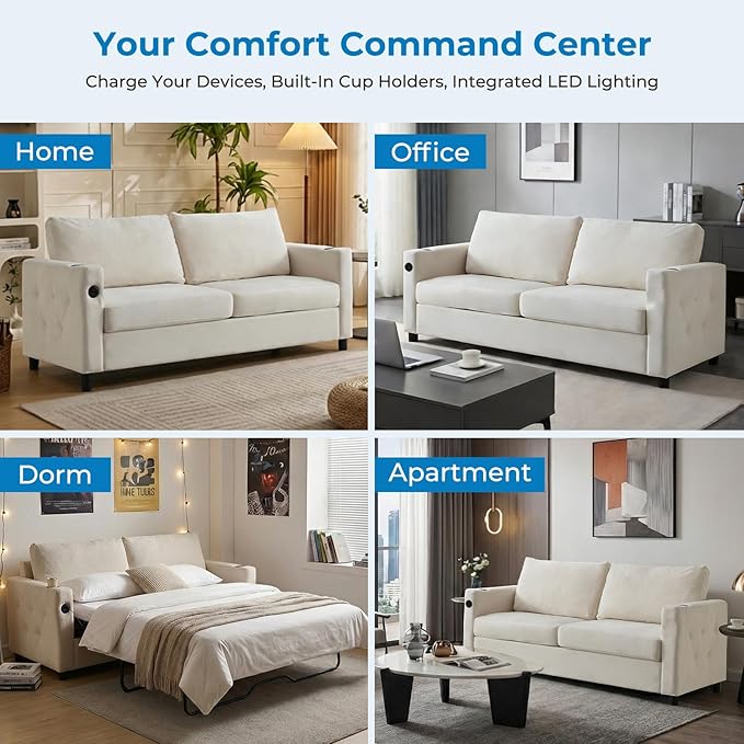 Mjkone 2-in-1 Full Size Pull Out Sofa Bed 72 Convertible Sleeper Couch Beds Velvet Sleeper Sofa Couch with Mattress USB Charging Ports Cup Holders Guest Beds for Living Room Apartment Beige