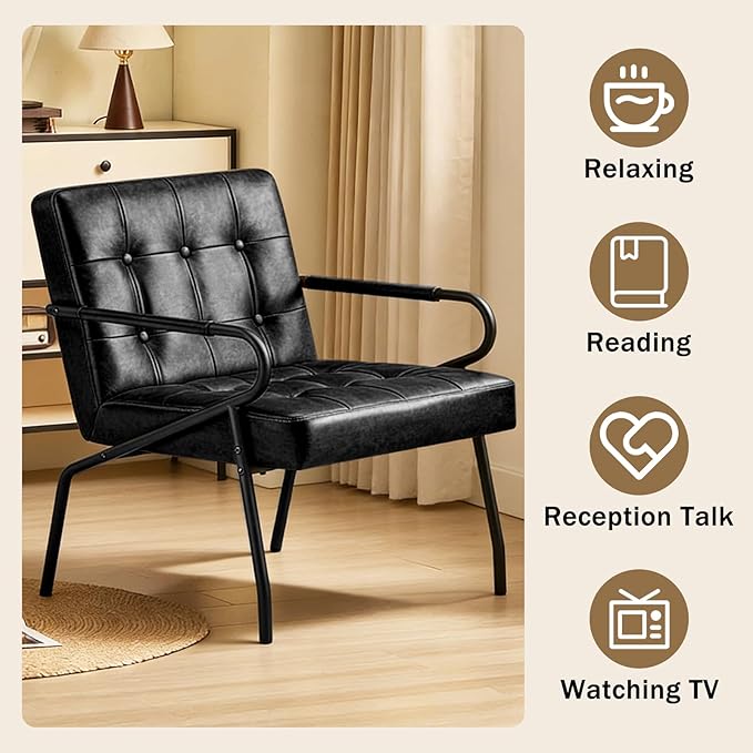 Modern Leather Accent Chair Comfy Reading Arm Chairs Ergonomic Lounge with Extra Soft Pocket Spring Cushion for Living Room Waiting Room Bedroom Office 300lbs Capacity Black