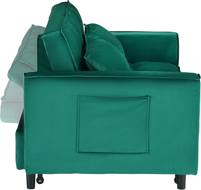 3 in 1 Convertible Sleeper Sofa Bed 55 Pull Out Couches Modern Loveseat Sleeper Sofa with Adjustable Reclining Backrest &amp Side Pockets for Living Room Velvet Fabric Green