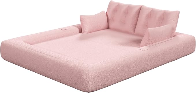 78.7 King Foldable Sofa Bed Lazy Sofa Couch 3-in-1 Multi-Functional Sleeper Sofa Bed Teddy Futon Sofa Floor Loveseat Sofa Human Dog Bed Bean Bag Lounge Recliner for Living Room Pink