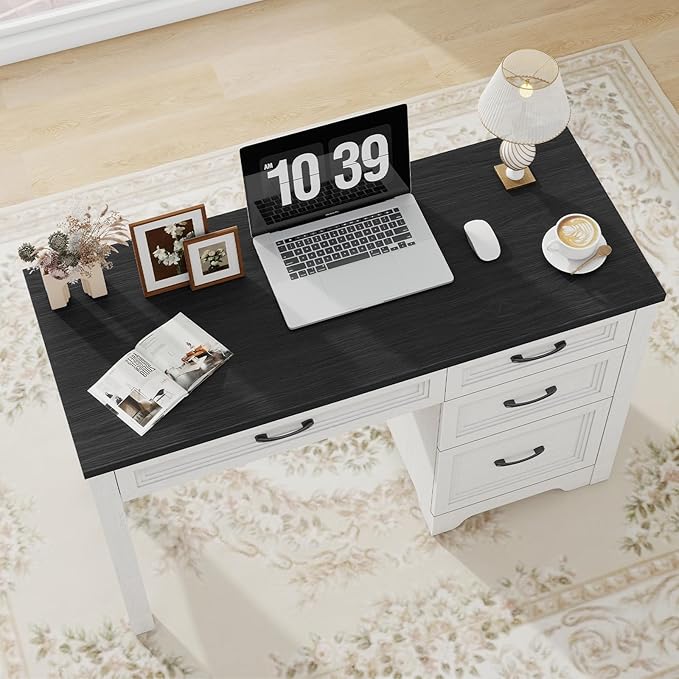 Farmhouse Executive Desk with Drawers Wood Computer Desk with Ample File Drawer Rustic Home Office Desk with Storage for Bedroom Living Room Black