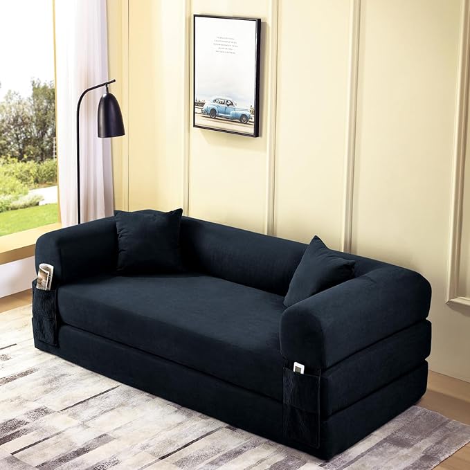 4-in-1 Folding Convertible Sofa Bed 80 Inch Oversized Corduroy Boneless Couch Loveseat Sleeper with Pull Out Bed Floor Sofa Modular Futon Teddy Sofa for Living Room Bedroom Lounge Deep Blue