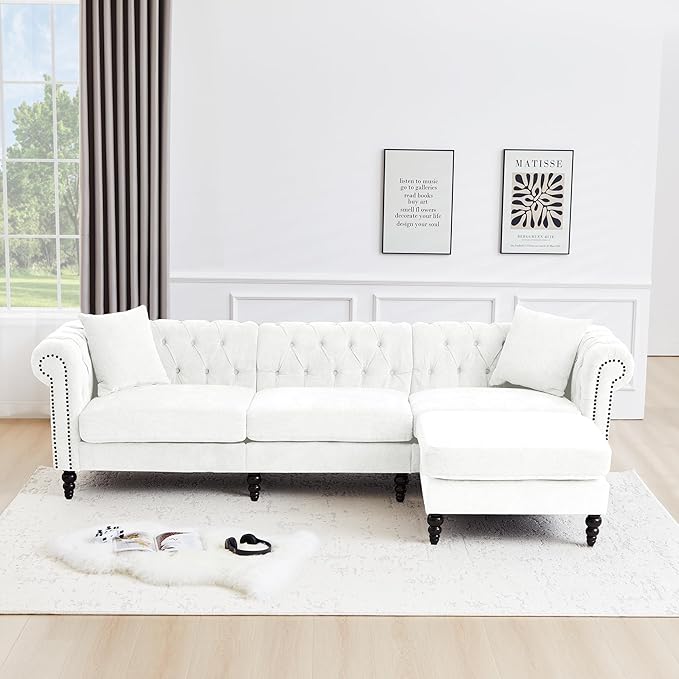 LEVNARY 108” L-Shaped Chesterfield Sectional Couch with Movable Ottoman 4-Seat Couch with Rolled Arms Upholstered in Linen-Like Fabric Mid-Century Tufted Corner Sofa for Living Room Office (White)